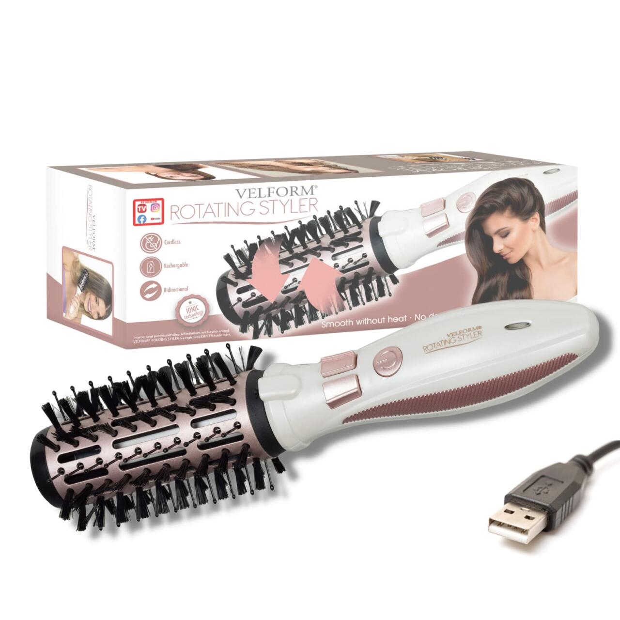 Cepillo giratorio recargable para alisar, dar volumen y brillo al cabello